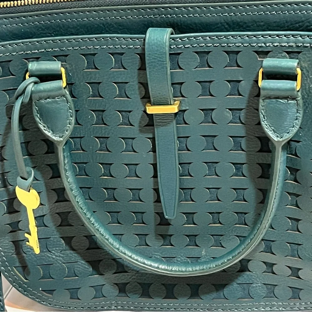 Fossil Green Ryder Satchel Crossbody Signature Jacquard style Leather Bag Wallet - Picture 7 of 14
